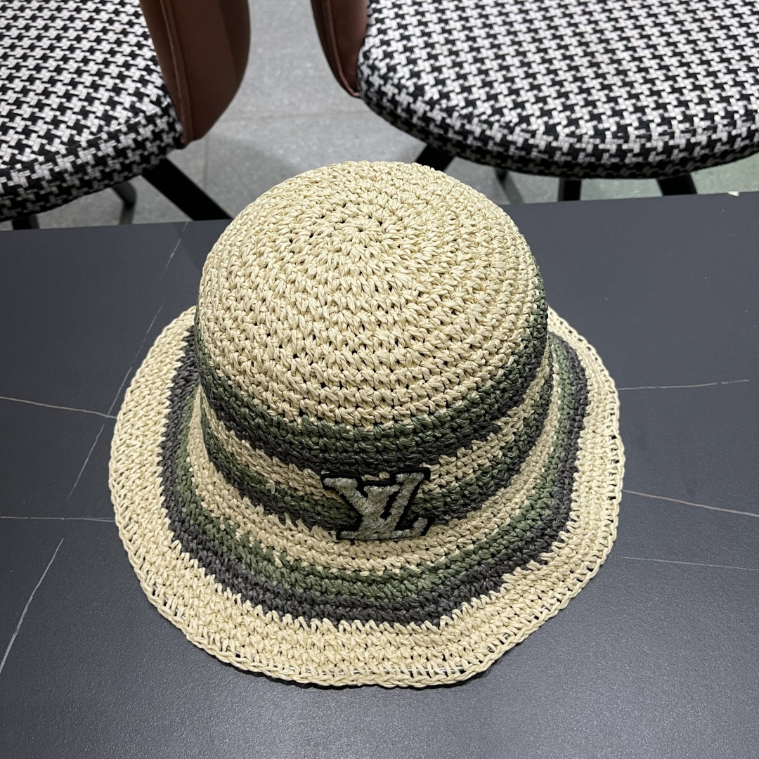  Lv路易威登日系条纹草编手工草帽女夏百搭休闲可折叠显脸小
水桶帽度假遮阳帽