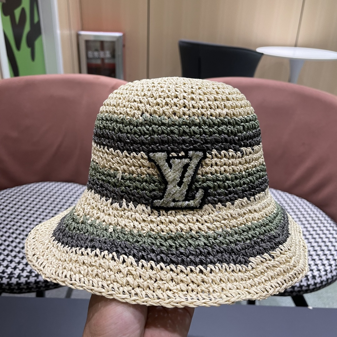  Lv路易威登日系条纹草编手工草帽女夏百搭休闲可折叠显脸小
水桶帽度假遮阳帽