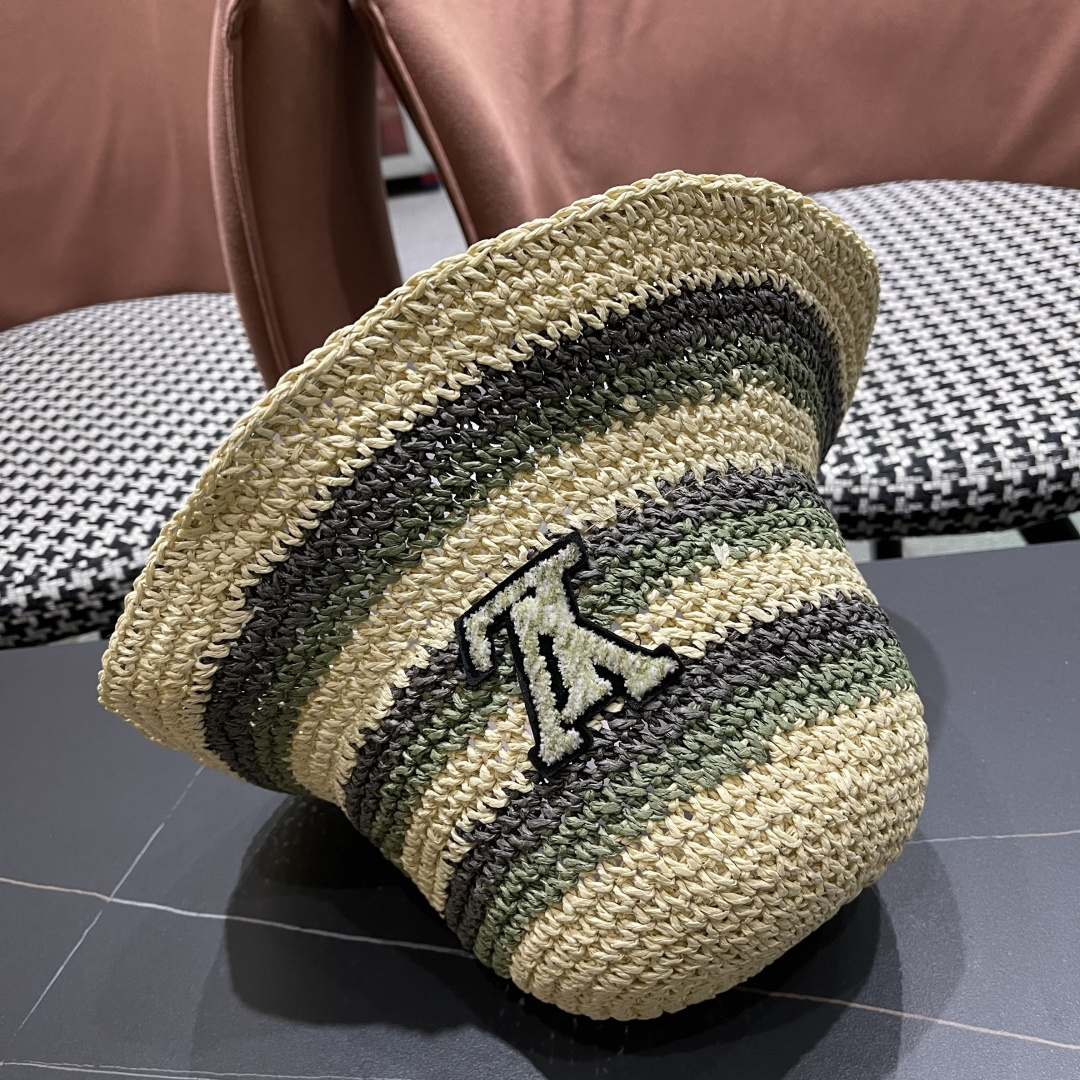  Lv路易威登日系条纹草编手工草帽女夏百搭休闲可折叠显脸小
水桶帽度假遮阳帽