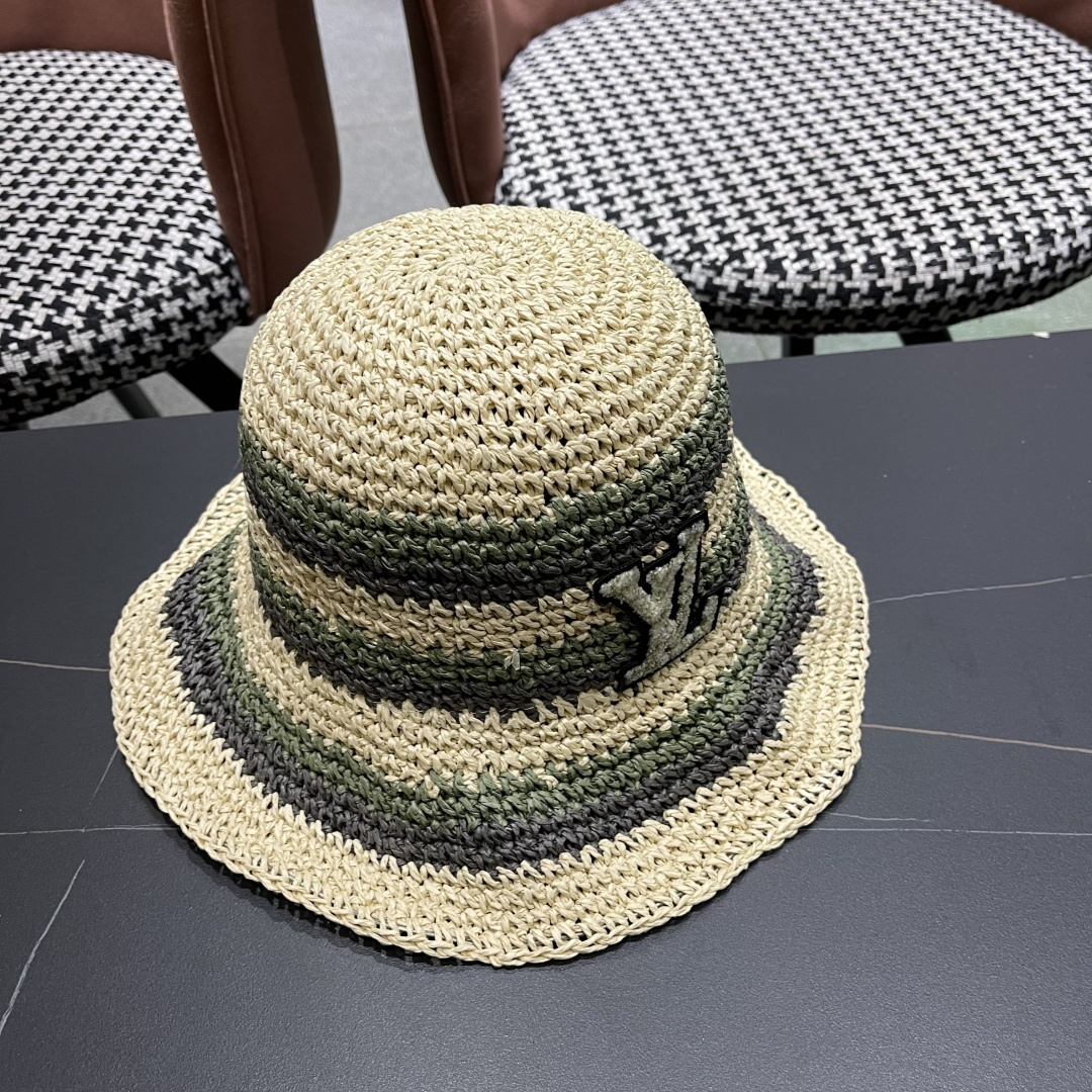  Lv路易威登日系条纹草编手工草帽女夏百搭休闲可折叠显脸小
水桶帽度假遮阳帽