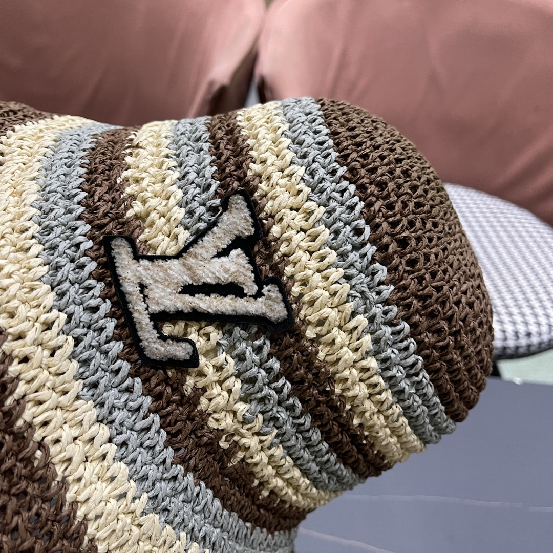  Lv路易威登日系条纹草编手工草帽女夏百搭休闲可折叠显脸小
水桶帽度假遮阳帽