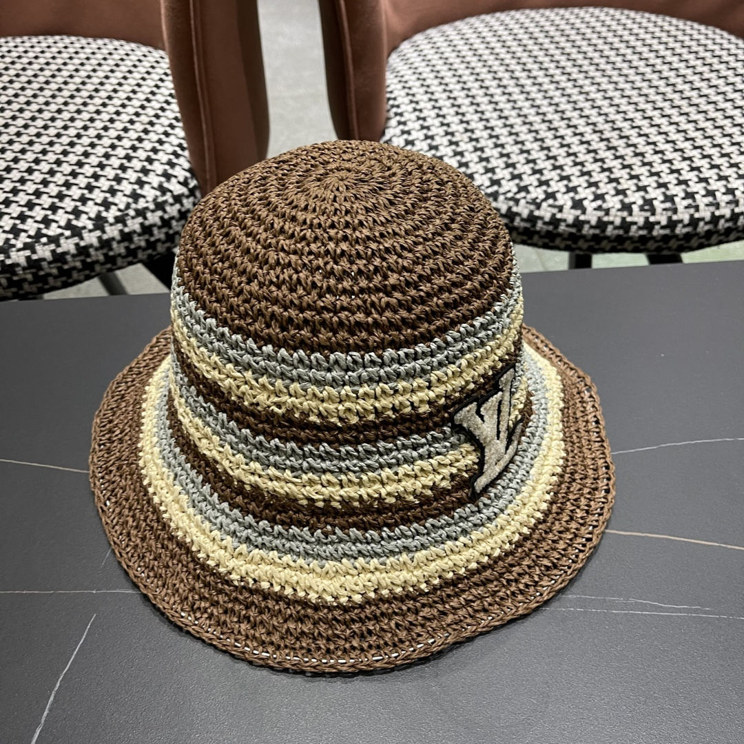  Lv路易威登日系条纹草编手工草帽女夏百搭休闲可折叠显脸小
水桶帽度假遮阳帽