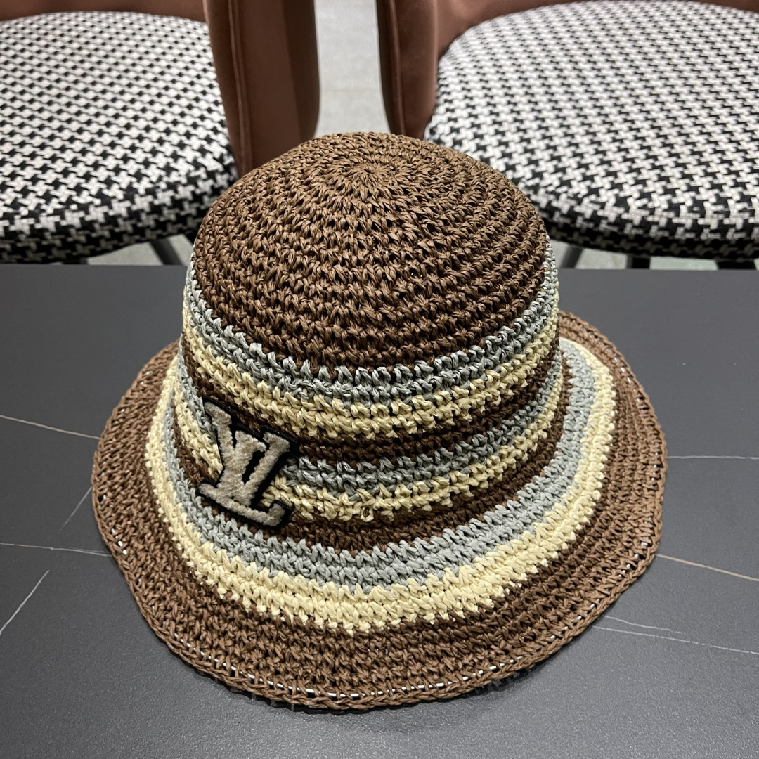  Lv路易威登日系条纹草编手工草帽女夏百搭休闲可折叠显脸小
水桶帽度假遮阳帽