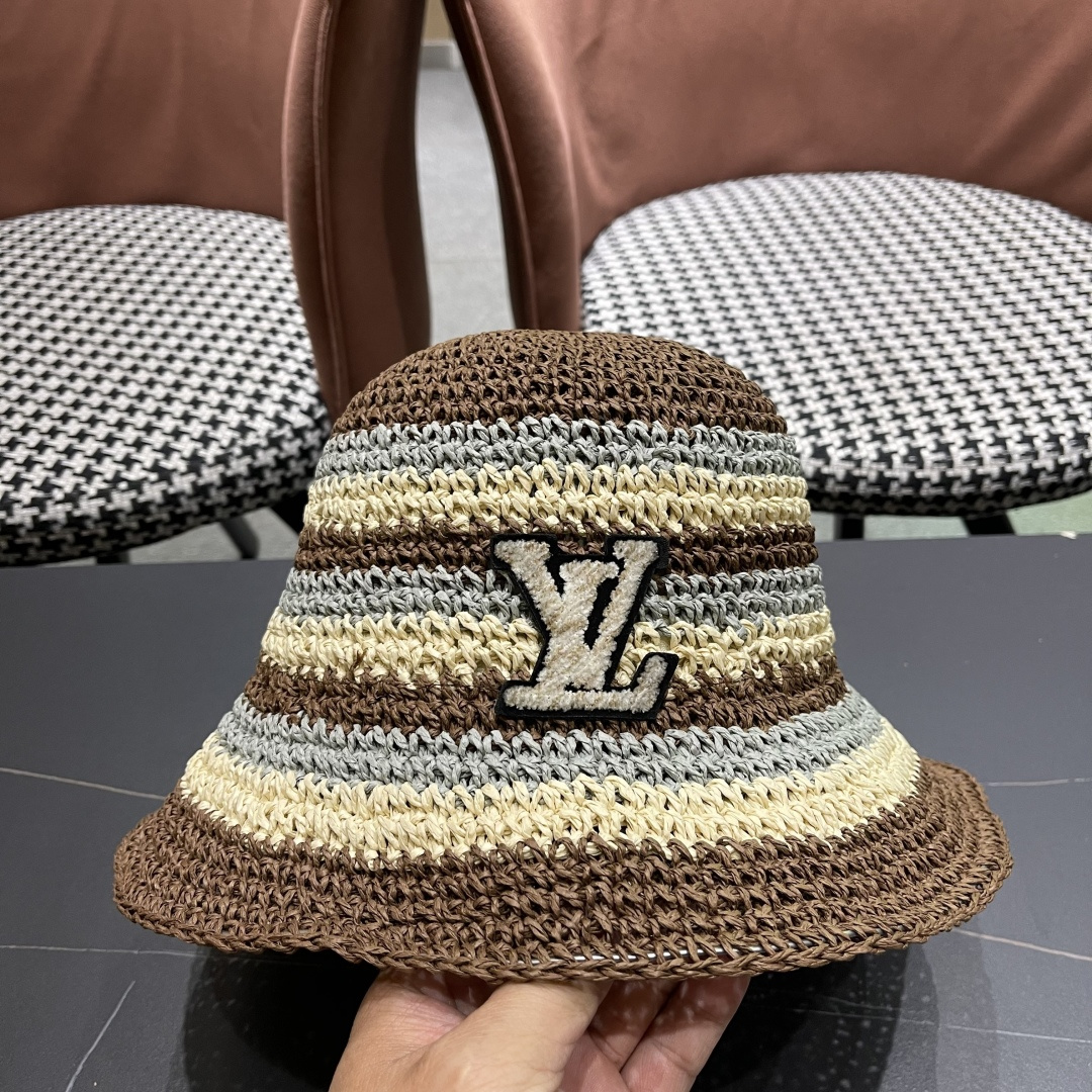  Lv路易威登日系条纹草编手工草帽女夏百搭休闲可折叠显脸小
水桶帽度假遮阳帽