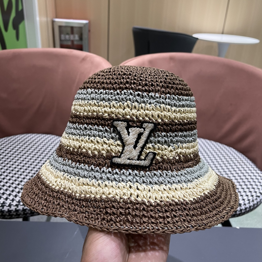  Lv路易威登日系条纹草编手工草帽女夏百搭休闲可折叠显脸小
水桶帽度假遮阳帽