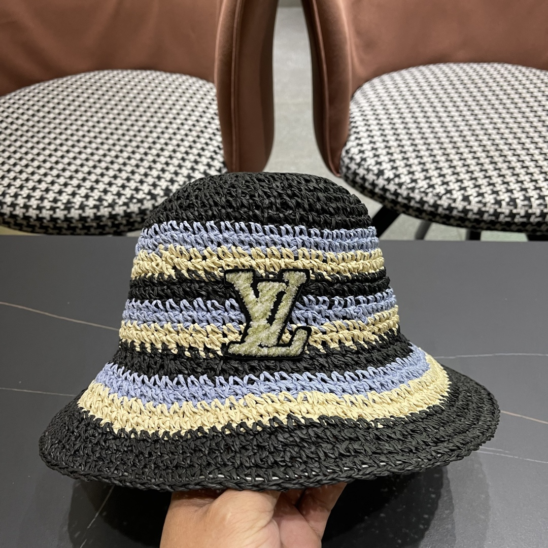  Lv路易威登日系条纹草编手工草帽女夏百搭休闲可折叠显脸小
水桶帽度假遮阳帽