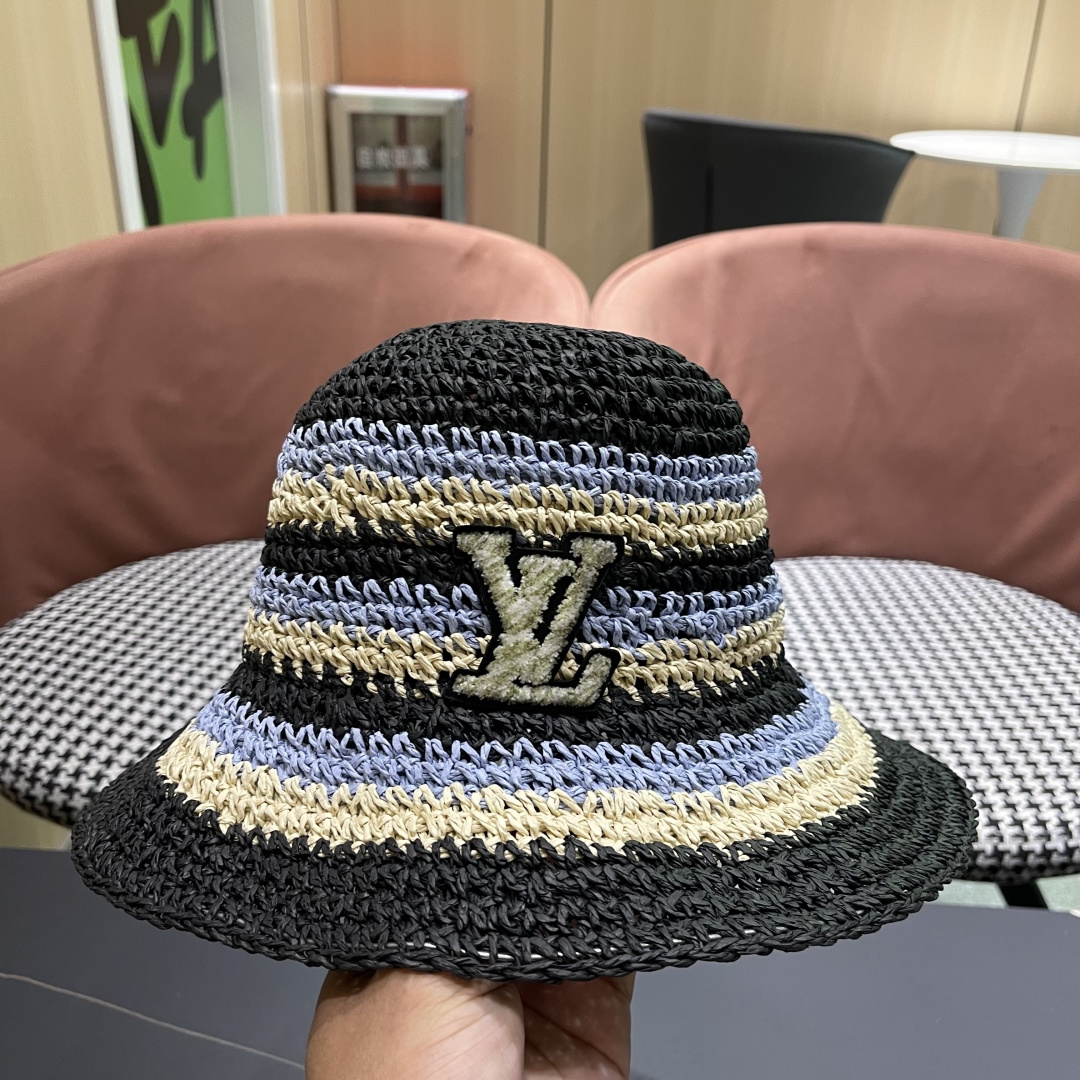  Lv路易威登日系条纹草编手工草帽女夏百搭休闲可折叠显脸小
水桶帽度假遮阳帽