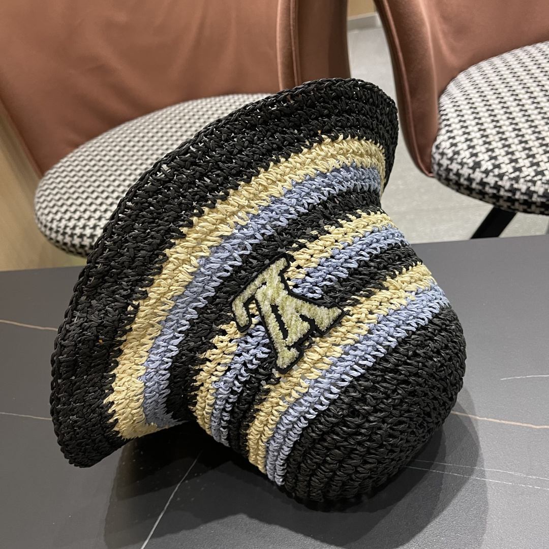  Lv路易威登日系条纹草编手工草帽女夏百搭休闲可折叠显脸小
水桶帽度假遮阳帽