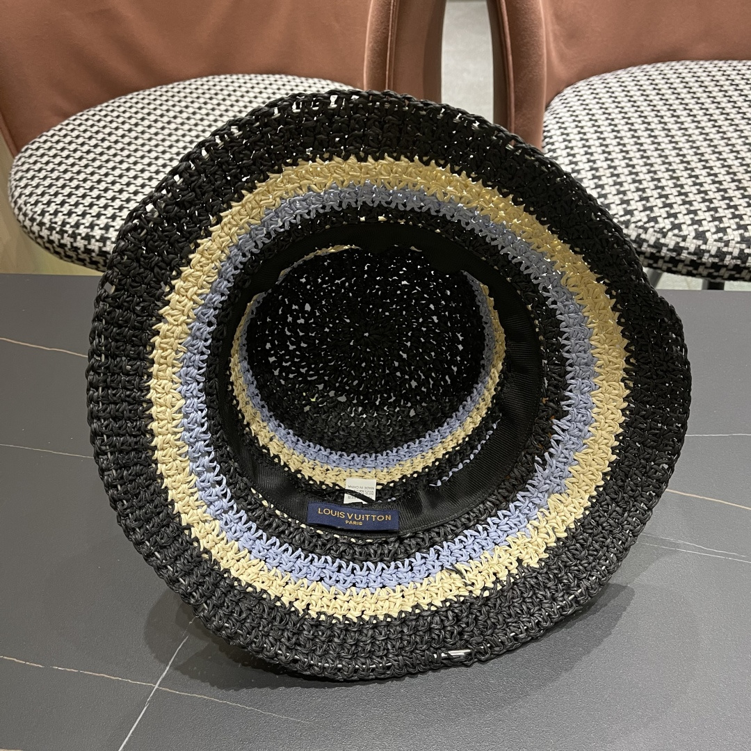  Lv路易威登日系条纹草编手工草帽女夏百搭休闲可折叠显脸小
水桶帽度假遮阳帽