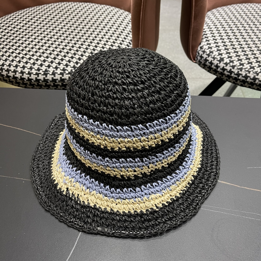  Lv路易威登日系条纹草编手工草帽女夏百搭休闲可折叠显脸小
水桶帽度假遮阳帽