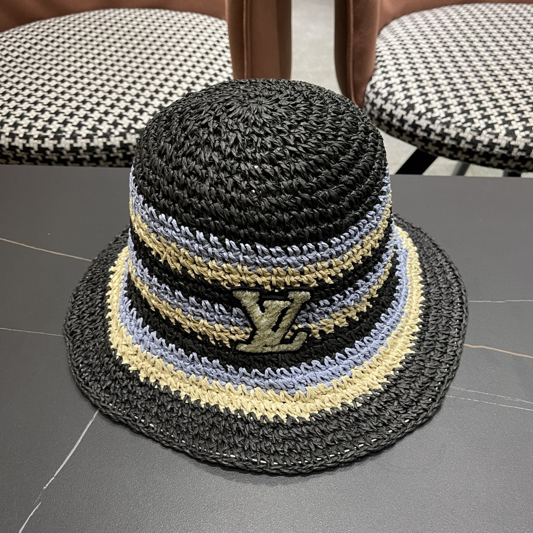  Lv路易威登日系条纹草编手工草帽女夏百搭休闲可折叠显脸小
水桶帽度假遮阳帽