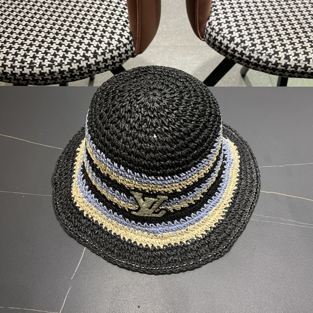  Lv路易威登日系条纹草编手工草帽女夏百搭休闲可折叠显脸小
水桶帽度假遮阳帽