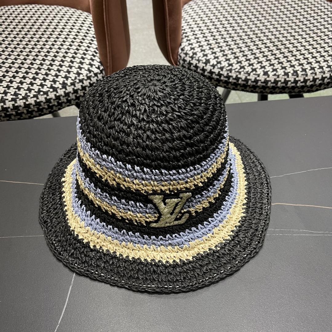  Lv路易威登日系条纹草编手工草帽女夏百搭休闲可折叠显脸小
水桶帽度假遮阳帽