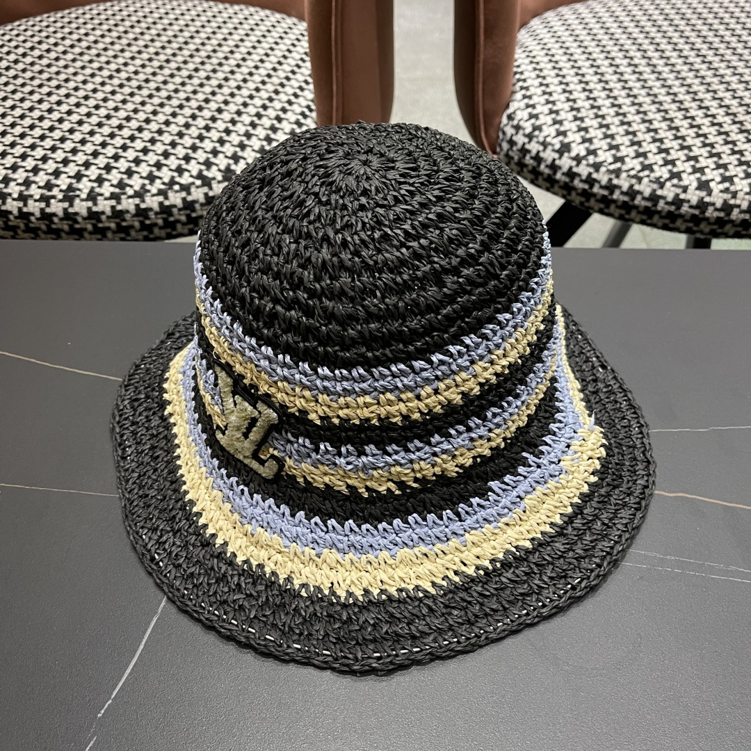 Lv路易威登日系条纹草编手工草帽女夏百搭休闲可折叠显脸小
水桶帽度假遮阳帽