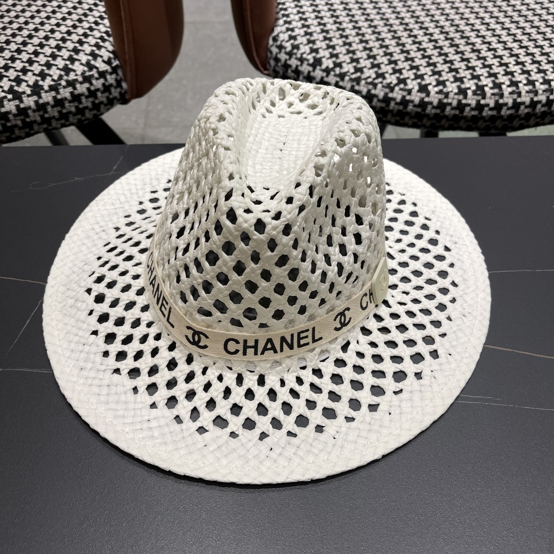 Chanel（香奈儿）复古拉菲草帽镂空大帽檐遮阳帽男女爵士帽巴拿马帽礼帽