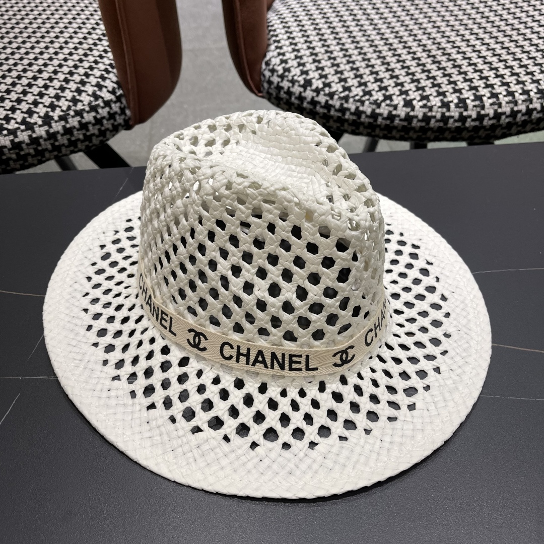 Chanel（香奈儿）复古拉菲草帽镂空大帽檐遮阳帽男女爵士帽巴拿马帽礼帽