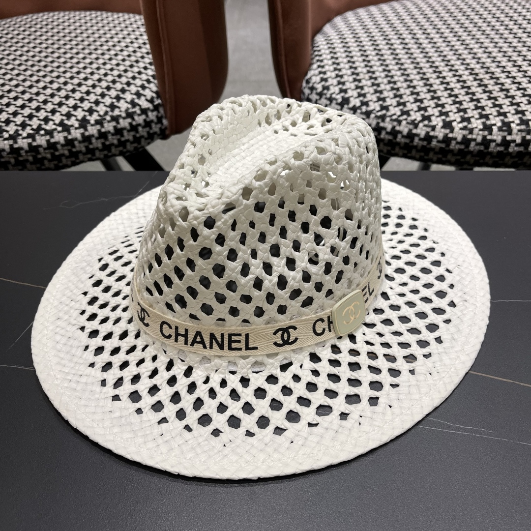 Chanel（香奈儿）复古拉菲草帽镂空大帽檐遮阳帽男女爵士帽巴拿马帽礼帽