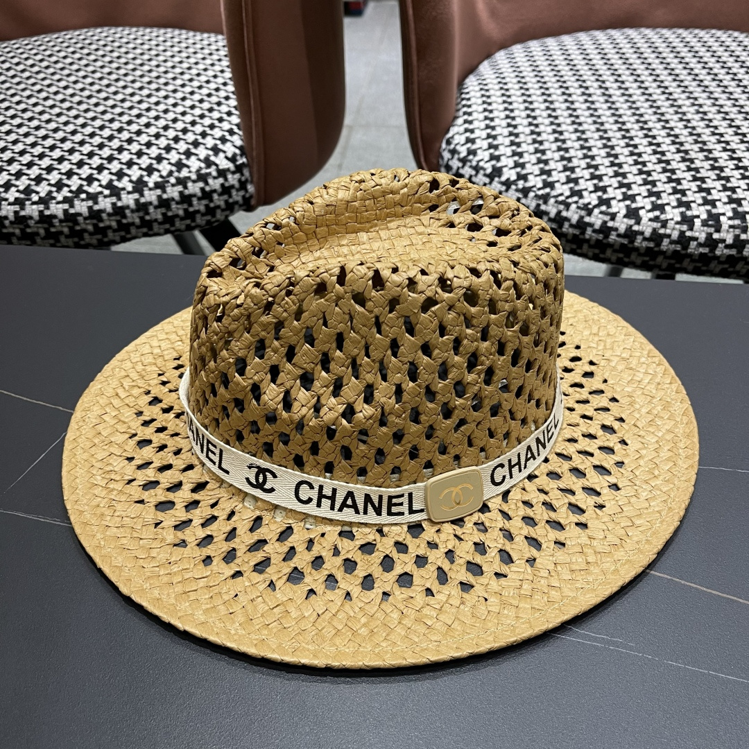 Chanel（香奈儿）复古拉菲草帽镂空大帽檐遮阳帽男女爵士帽巴拿马帽礼帽
