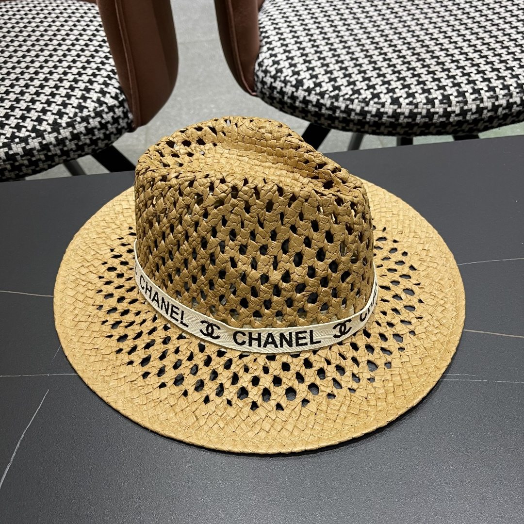 Chanel（香奈儿）复古拉菲草帽镂空大帽檐遮阳帽男女爵士帽巴拿马帽礼帽