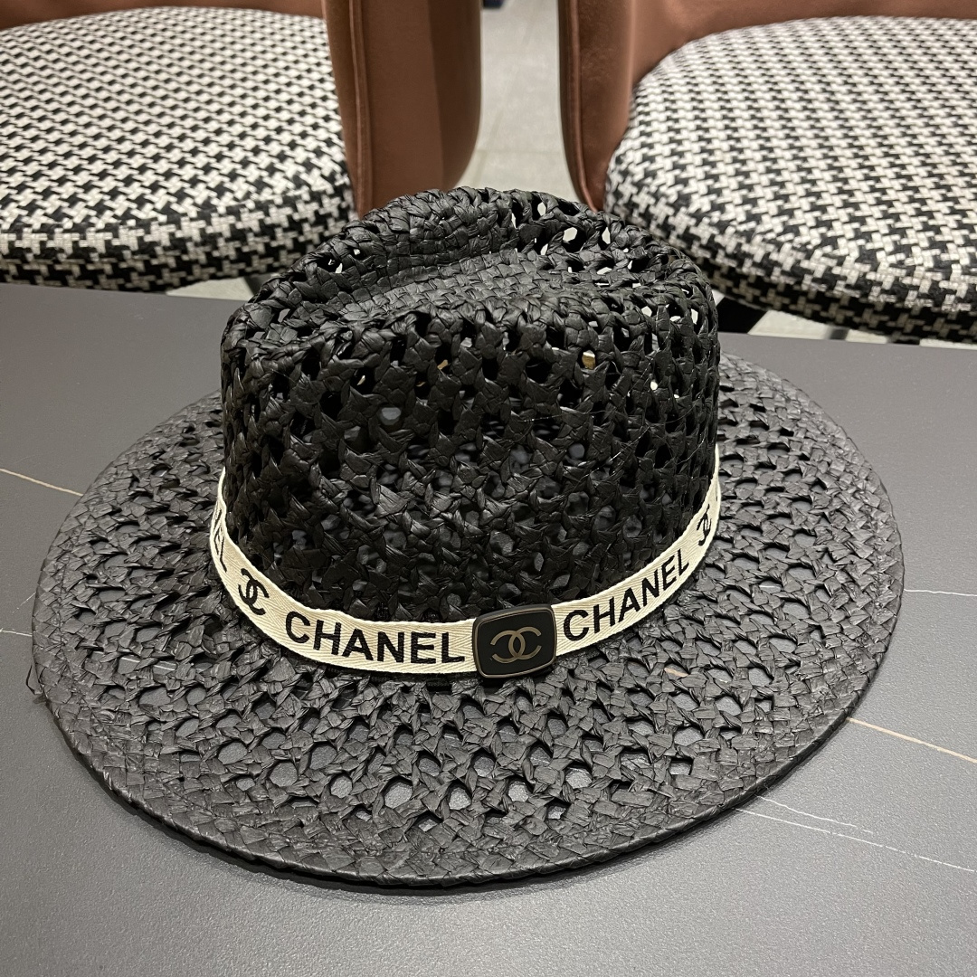 Chanel（香奈儿）复古拉菲草帽镂空大帽檐遮阳帽男女爵士帽巴拿马帽礼帽