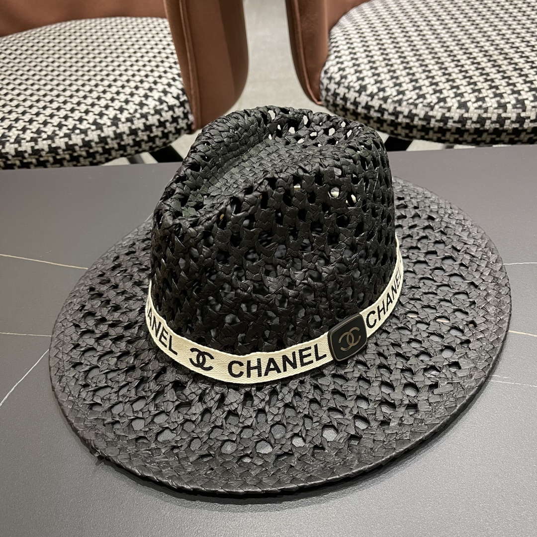 Chanel（香奈儿）复古拉菲草帽镂空大帽檐遮阳帽男女爵士帽巴拿马帽礼帽