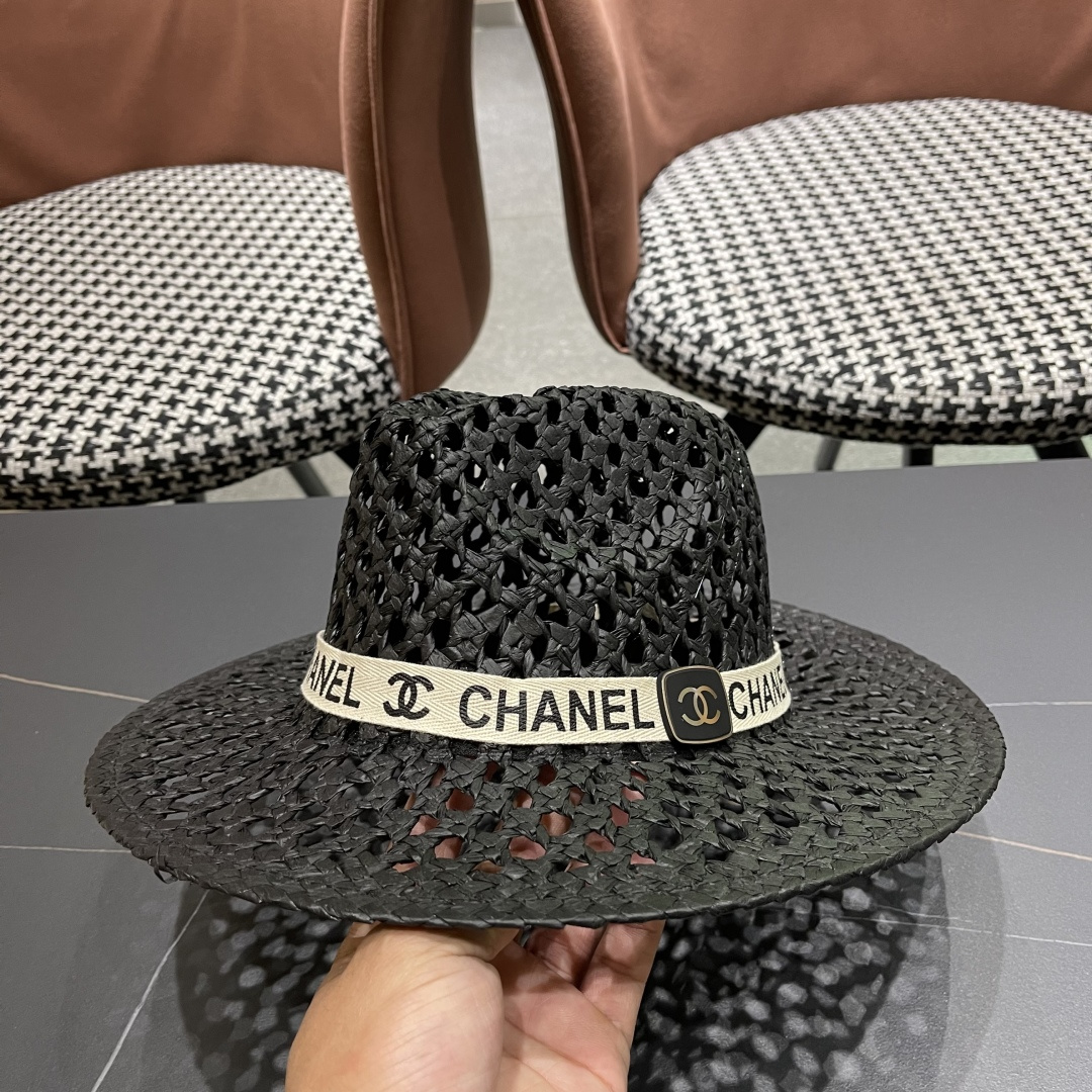 Chanel（香奈儿）复古拉菲草帽镂空大帽檐遮阳帽男女爵士帽巴拿马帽礼帽