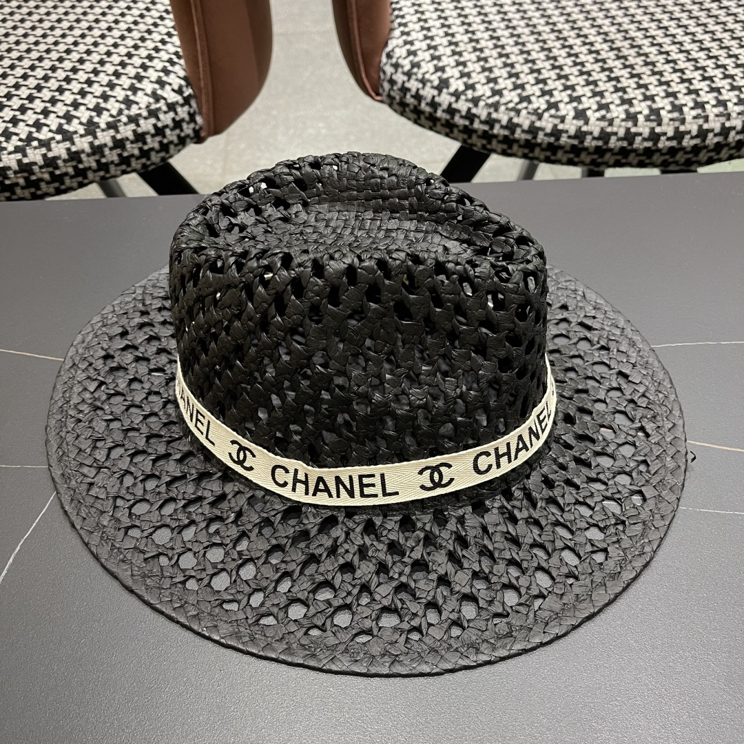 Chanel（香奈儿）复古拉菲草帽镂空大帽檐遮阳帽男女爵士帽巴拿马帽礼帽