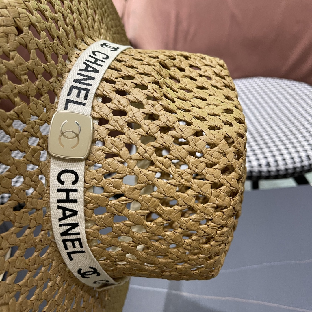 Chanel（香奈儿）复古拉菲草帽镂空大帽檐遮阳帽男女爵士帽巴拿马帽礼帽