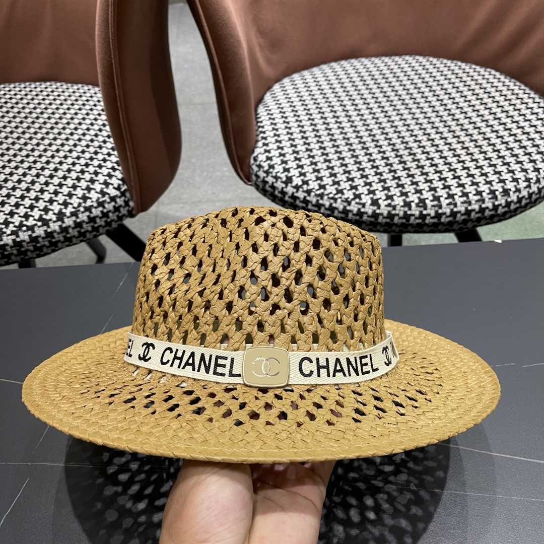 Chanel（香奈儿）复古拉菲草帽镂空大帽檐遮阳帽男女爵士帽巴拿马帽礼帽