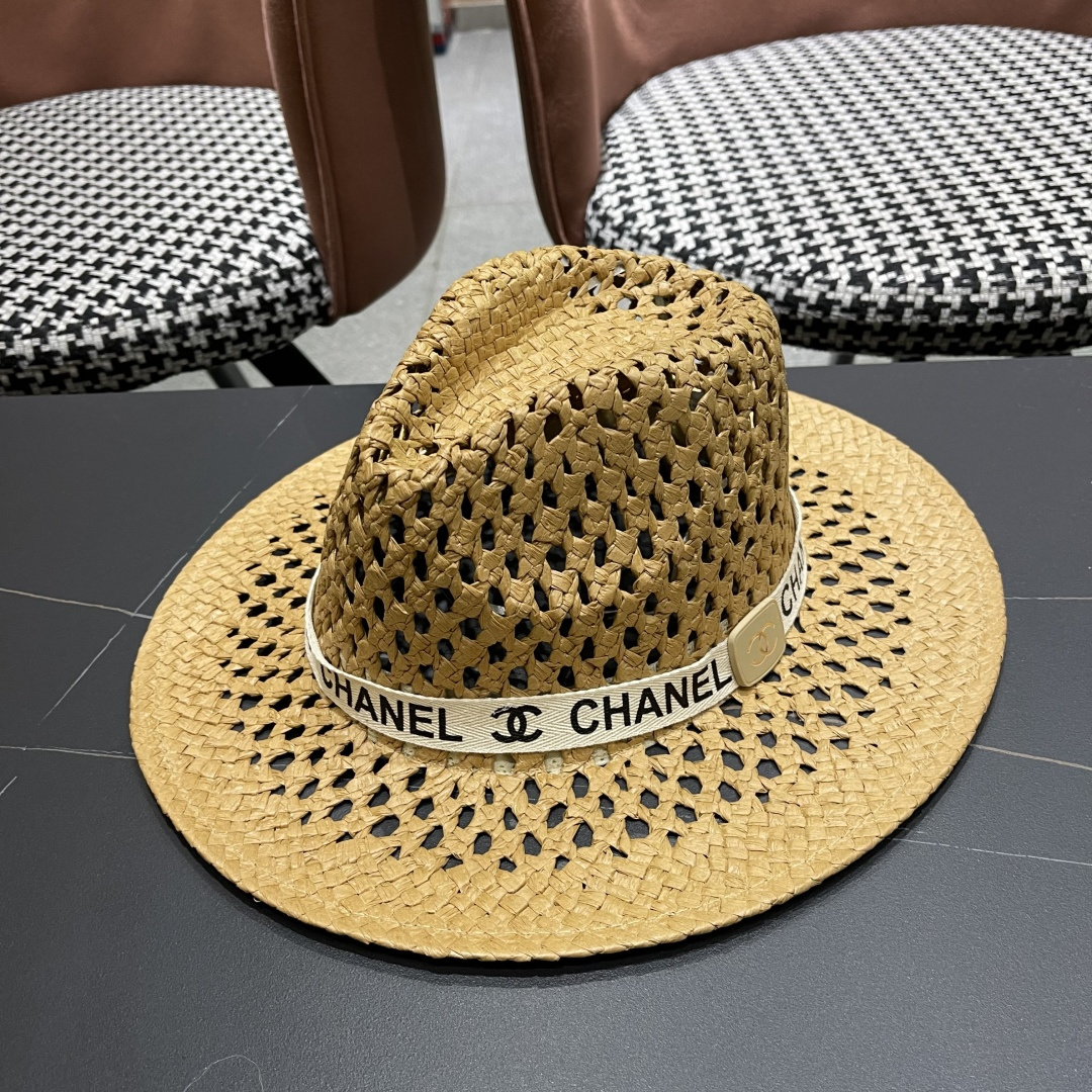 Chanel（香奈儿）复古拉菲草帽镂空大帽檐遮阳帽男女爵士帽巴拿马帽礼帽