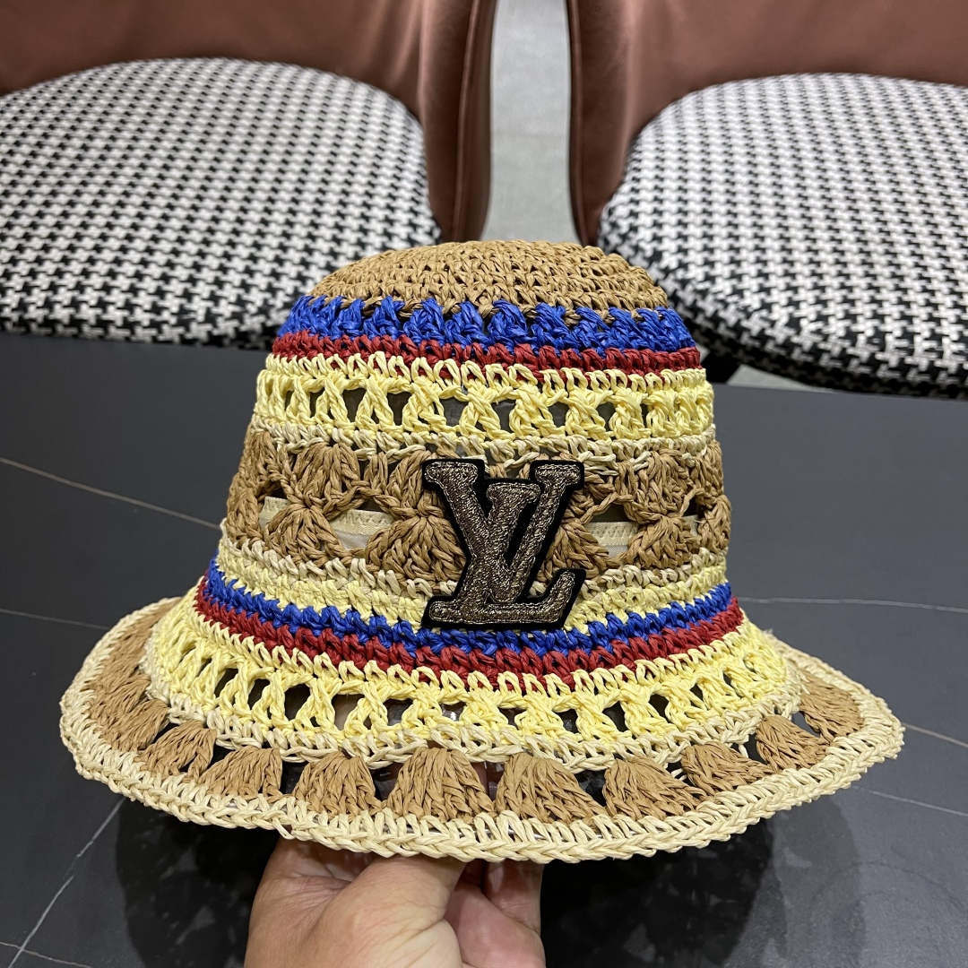  lv路易威登韩版新款气质渔夫帽子女出游甜美百搭防晒流苏镂空遮阳草帽潮网红同款