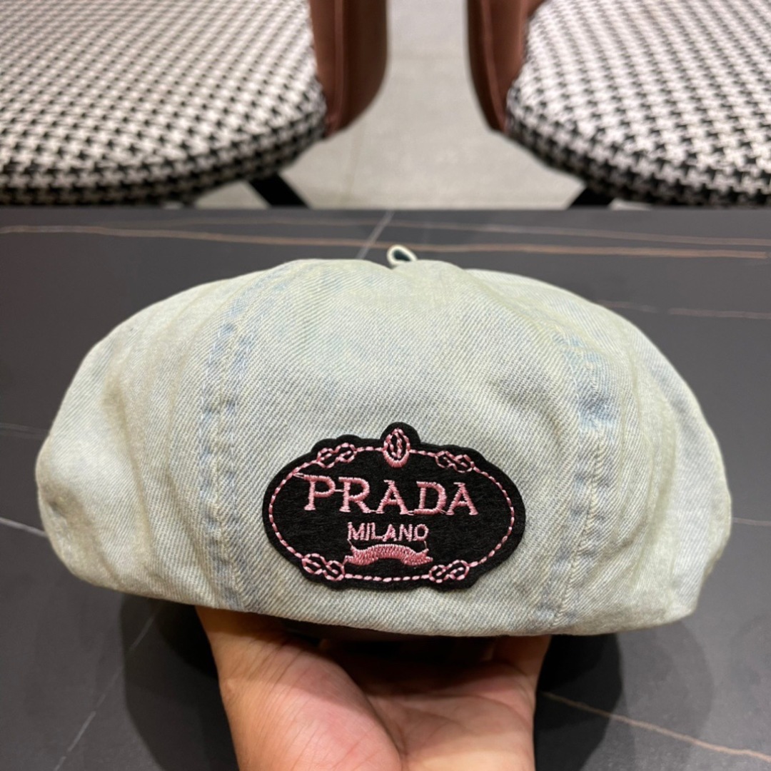 。PRADA普拉达 2024新款秋冬牛仔贝雷帽女英伦复古韩版简约纯色显脸小蓓蕾帽子