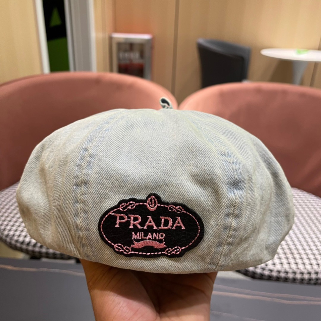 。PRADA普拉达 2024新款秋冬牛仔贝雷帽女英伦复古韩版简约纯色显脸小蓓蕾帽子