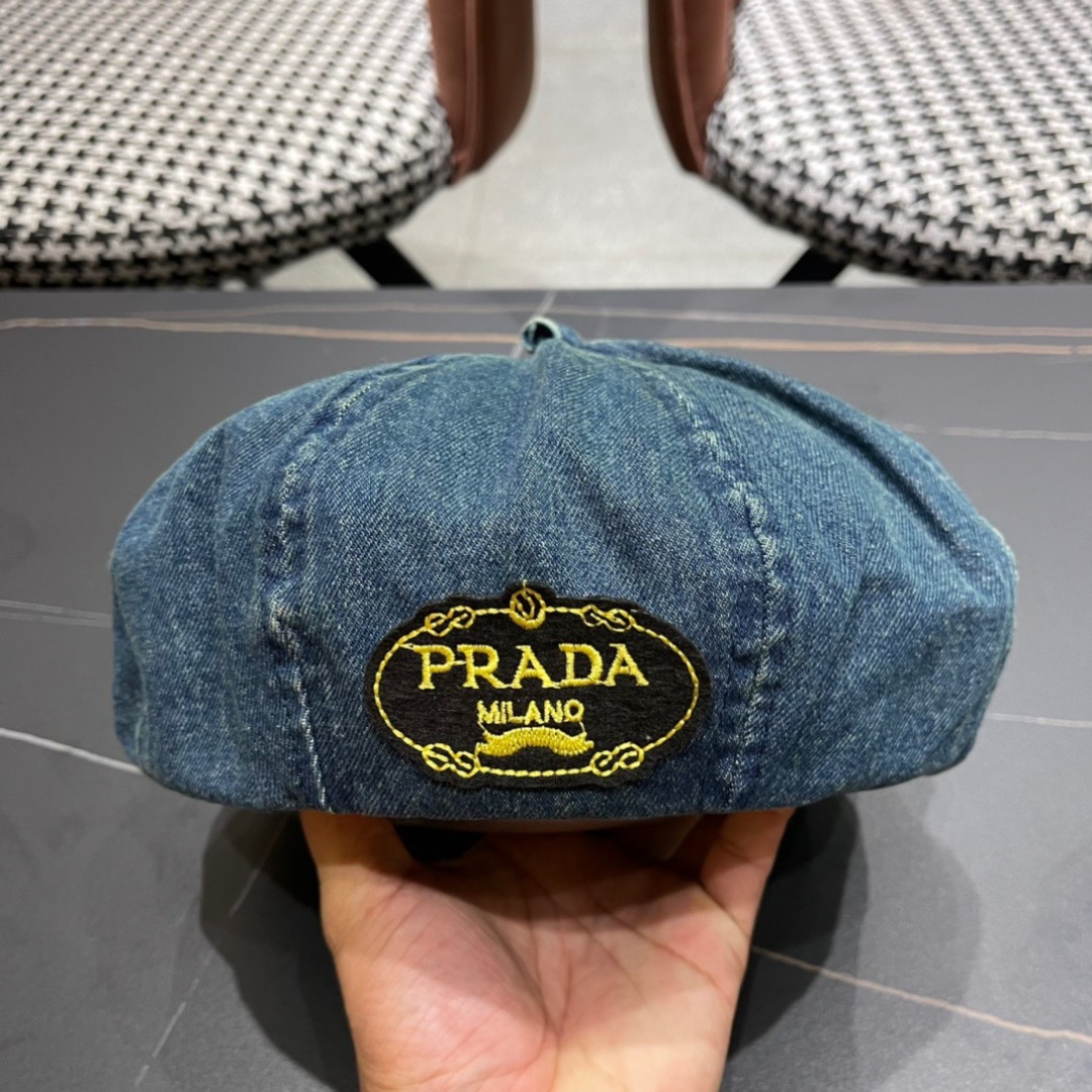 。PRADA普拉达 2024新款秋冬牛仔贝雷帽女英伦复古韩版简约纯色显脸小蓓蕾帽子