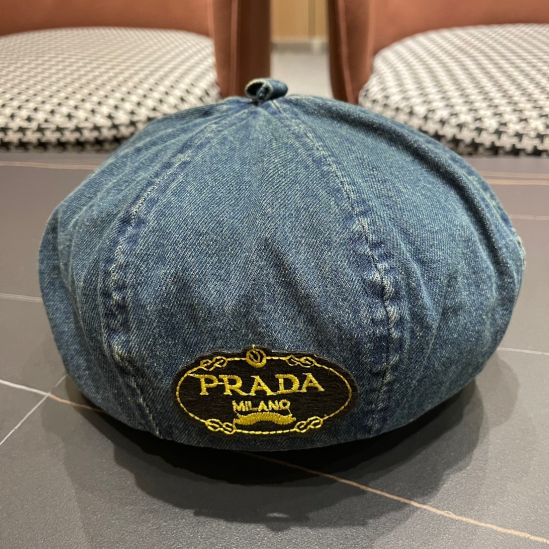 。PRADA普拉达 2024新款秋冬牛仔贝雷帽女英伦复古韩版简约纯色显脸小蓓蕾帽子