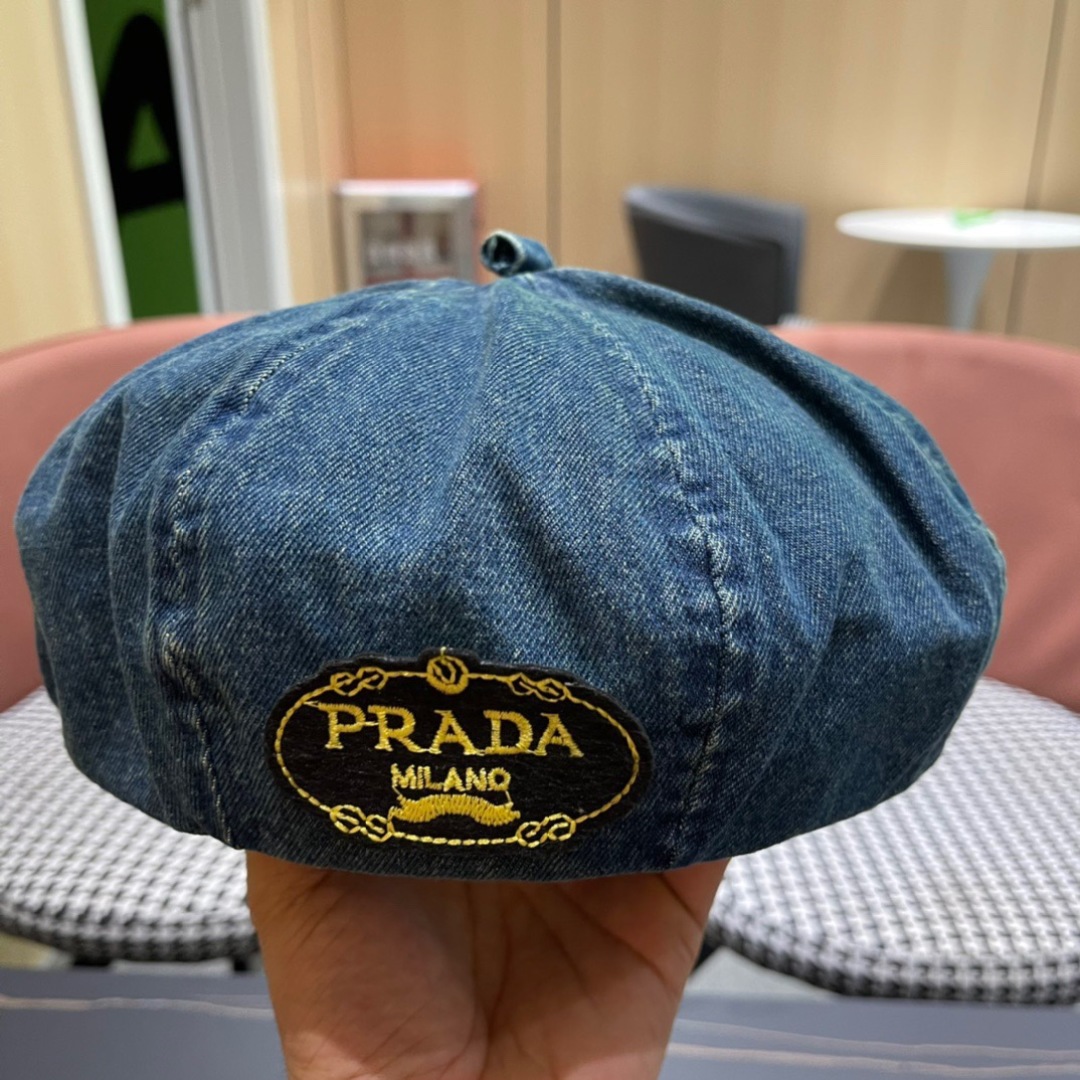 。PRADA普拉达 2024新款秋冬牛仔贝雷帽女英伦复古韩版简约纯色显脸小蓓蕾帽子