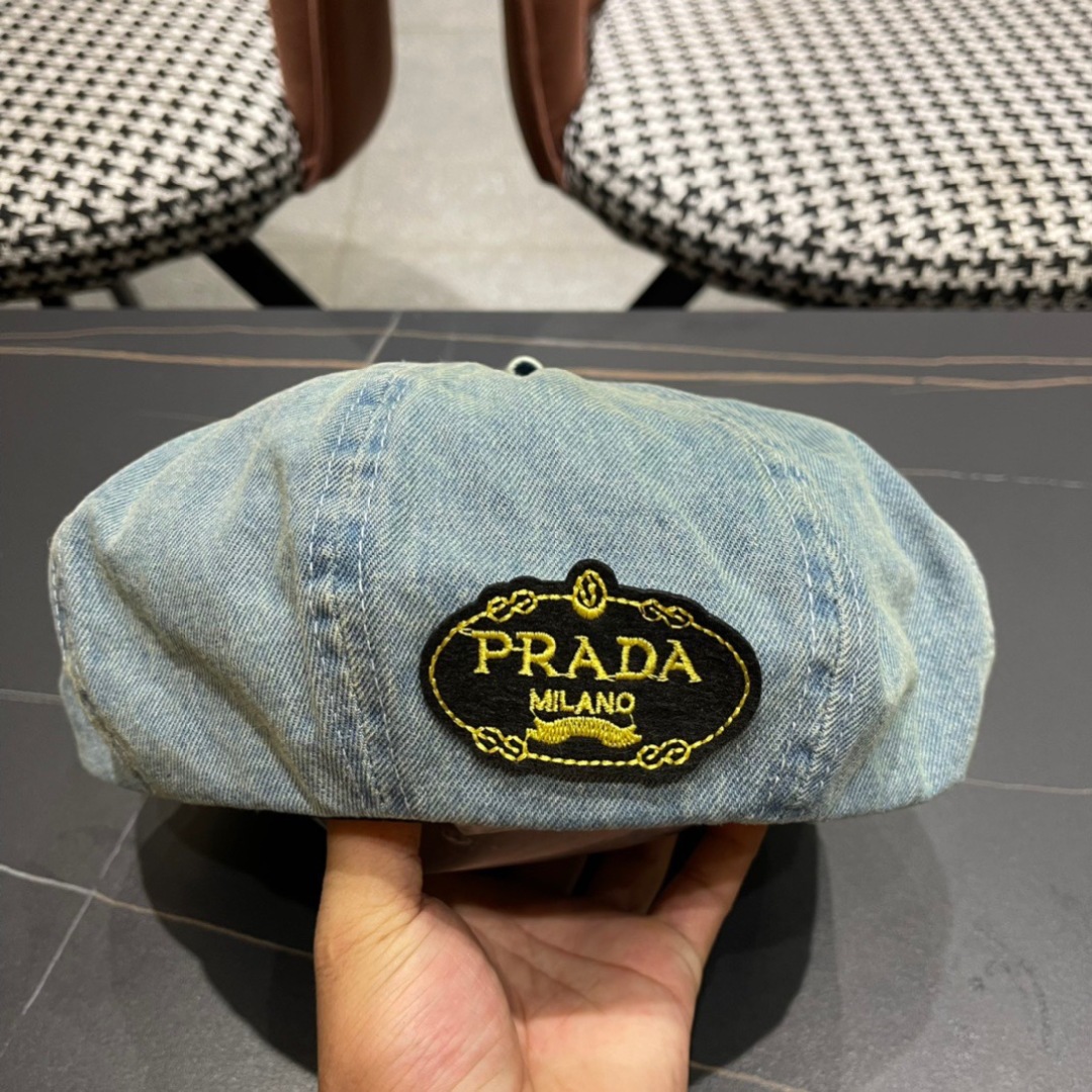 。PRADA普拉达 2024新款秋冬牛仔贝雷帽女英伦复古韩版简约纯色显脸小蓓蕾帽子