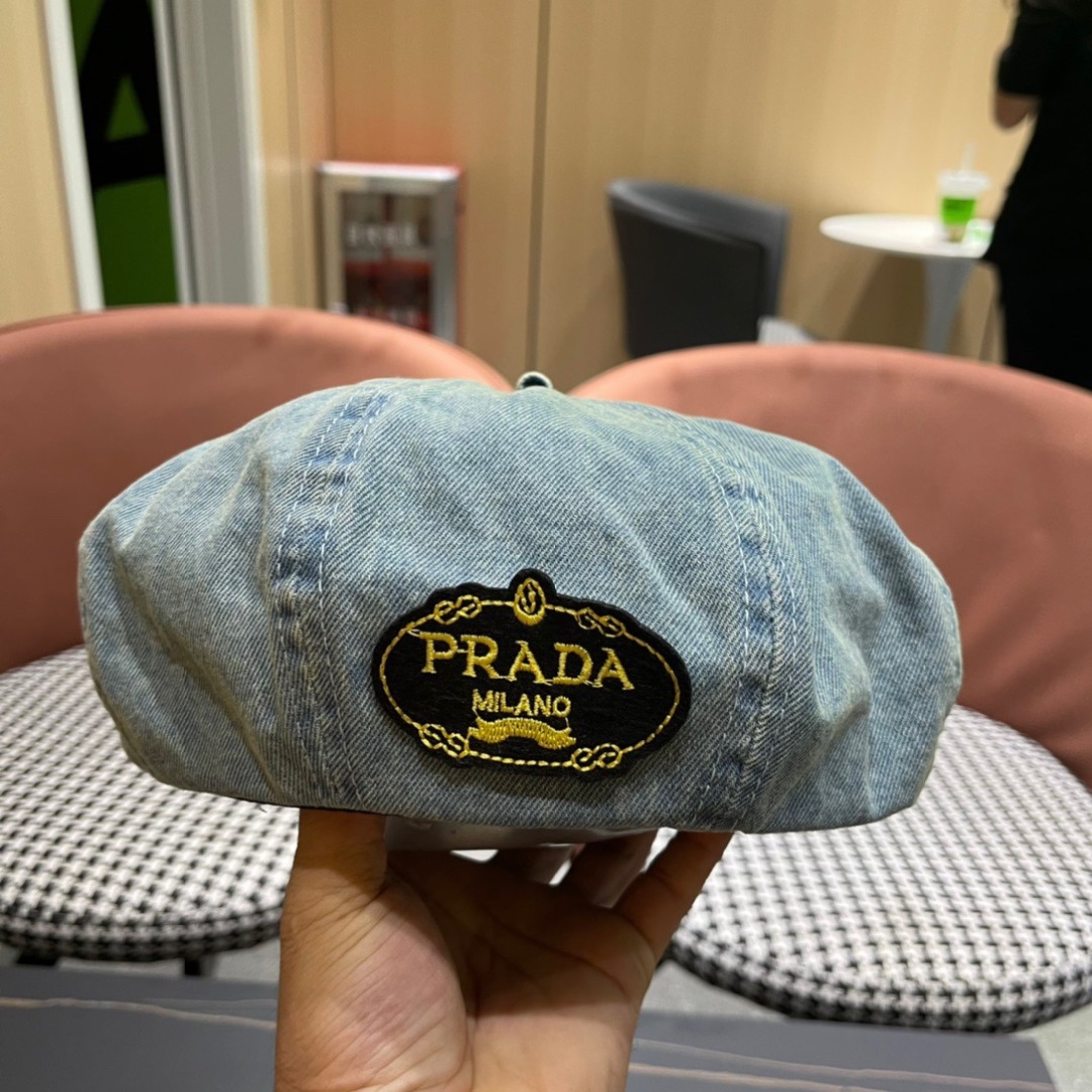 。PRADA普拉达 2024新款秋冬牛仔贝雷帽女英伦复古韩版简约纯色显脸小蓓蕾帽子