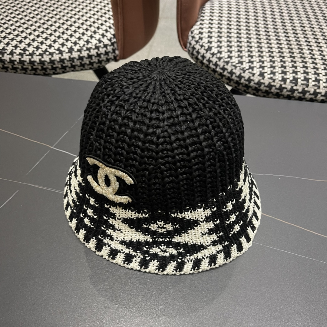  香奈儿Chanel日系拼色复古菱形格遮阳针织帽女春夏韩版百搭显
脸小素颜水桶帽潮