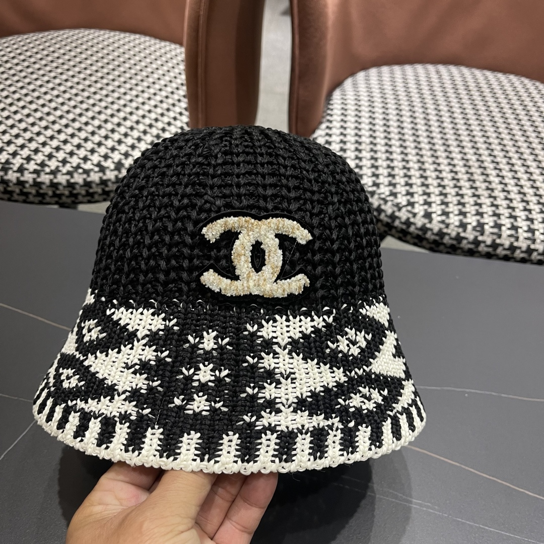  香奈儿Chanel日系拼色复古菱形格遮阳针织帽女春夏韩版百搭显
脸小素颜水桶帽潮