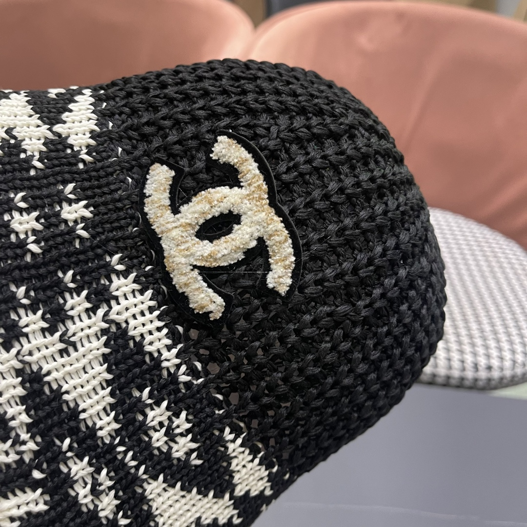  香奈儿Chanel日系拼色复古菱形格遮阳针织帽女春夏韩版百搭显
脸小素颜水桶帽潮