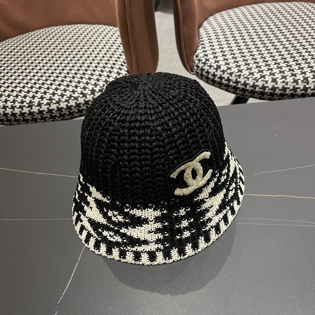  香奈儿Chanel日系拼色复古菱形格遮阳针织帽女春夏韩版百搭显
脸小素颜水桶帽潮