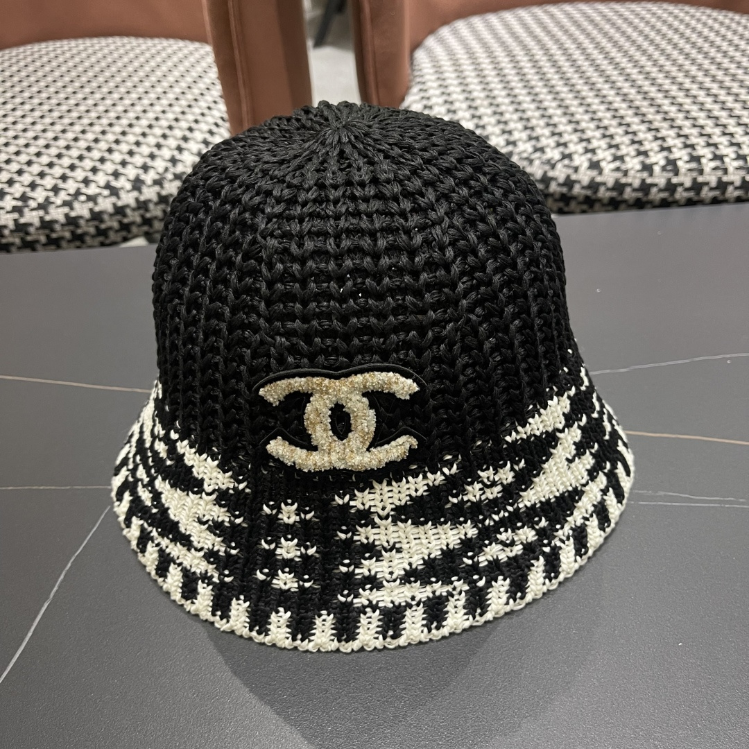  香奈儿Chanel日系拼色复古菱形格遮阳针织帽女春夏韩版百搭显
脸小素颜水桶帽潮