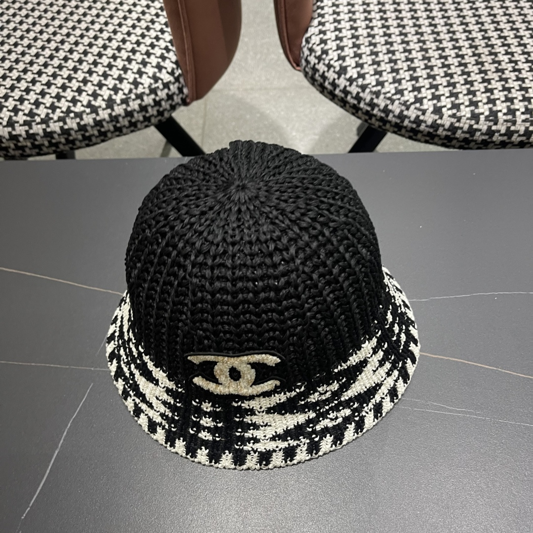  香奈儿Chanel日系拼色复古菱形格遮阳针织帽女春夏韩版百搭显
脸小素颜水桶帽潮