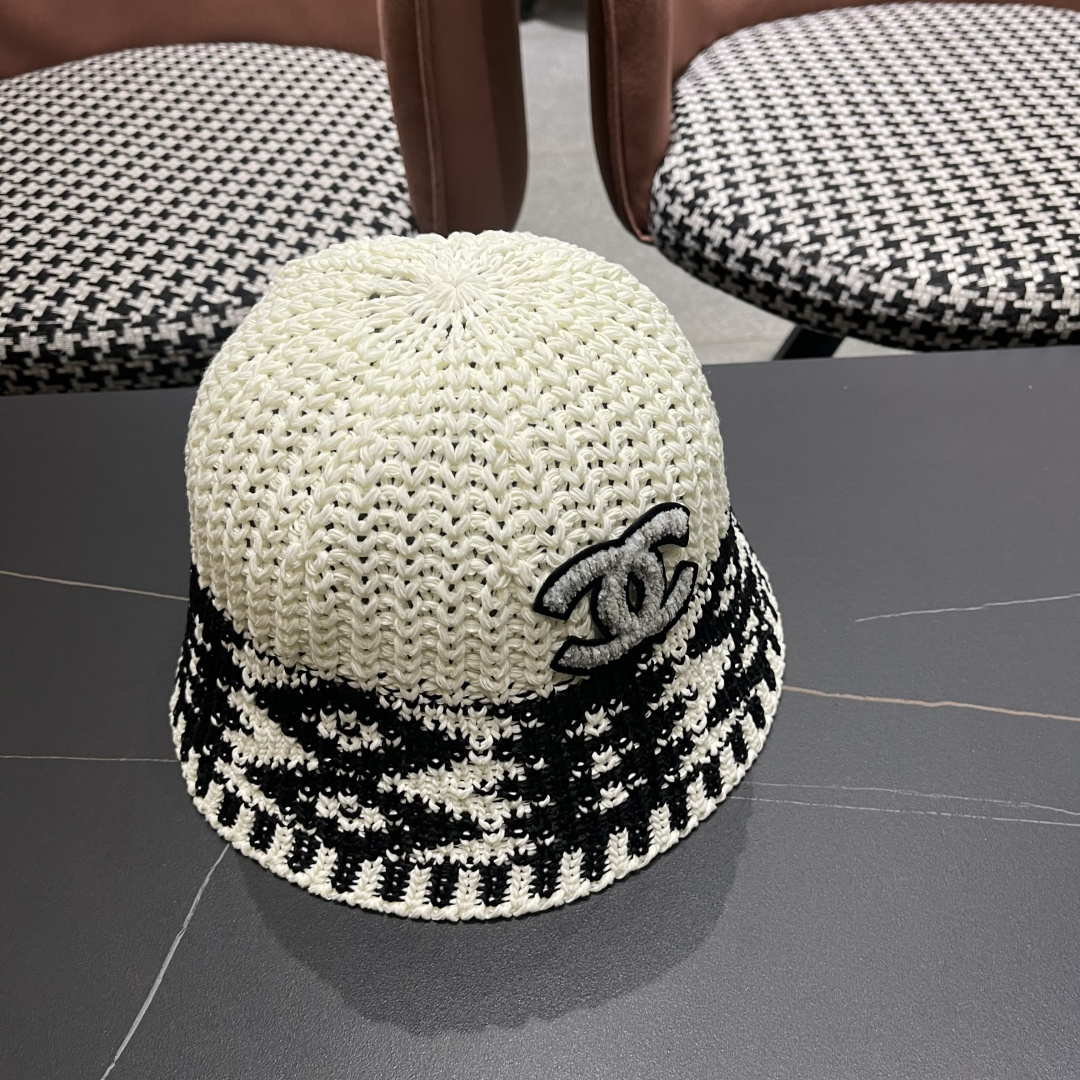  香奈儿Chanel日系拼色复古菱形格遮阳针织帽女春夏韩版百搭显
脸小素颜水桶帽潮