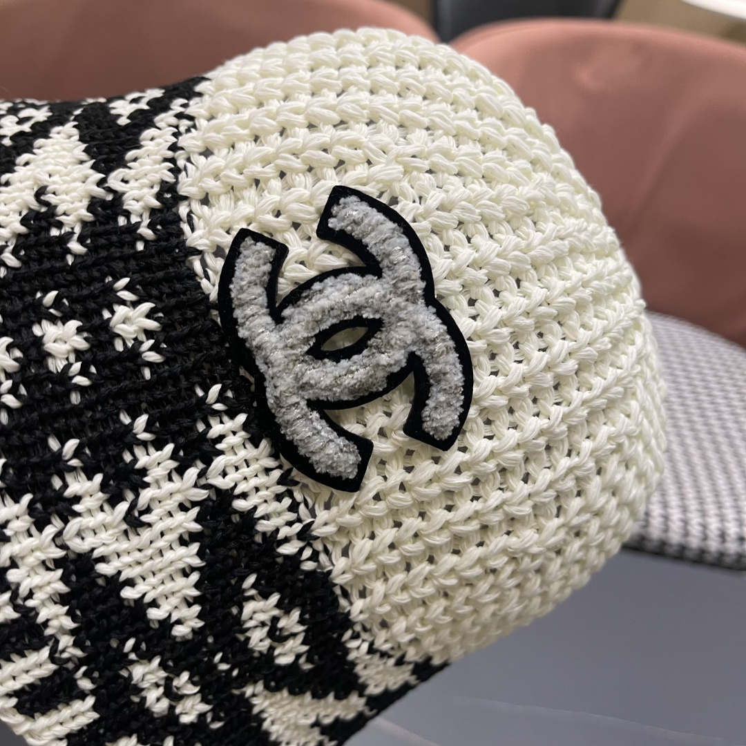  香奈儿Chanel日系拼色复古菱形格遮阳针织帽女春夏韩版百搭显
脸小素颜水桶帽潮