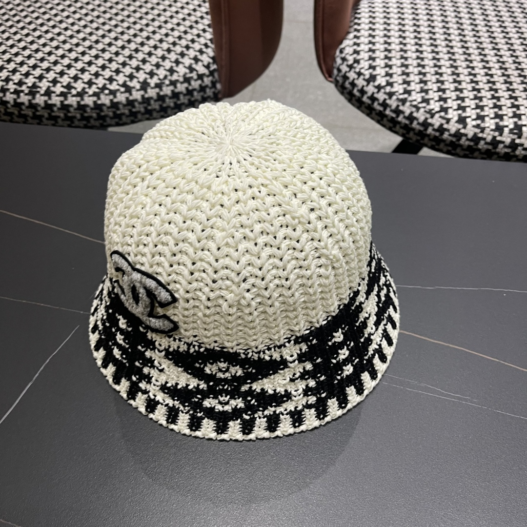  香奈儿Chanel日系拼色复古菱形格遮阳针织帽女春夏韩版百搭显
脸小素颜水桶帽潮