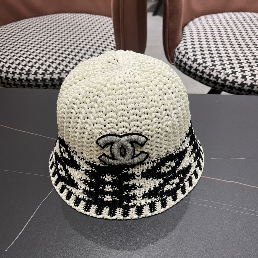  香奈儿Chanel日系拼色复古菱形格遮阳针织帽女春夏韩版百搭显
脸小素颜水桶帽潮