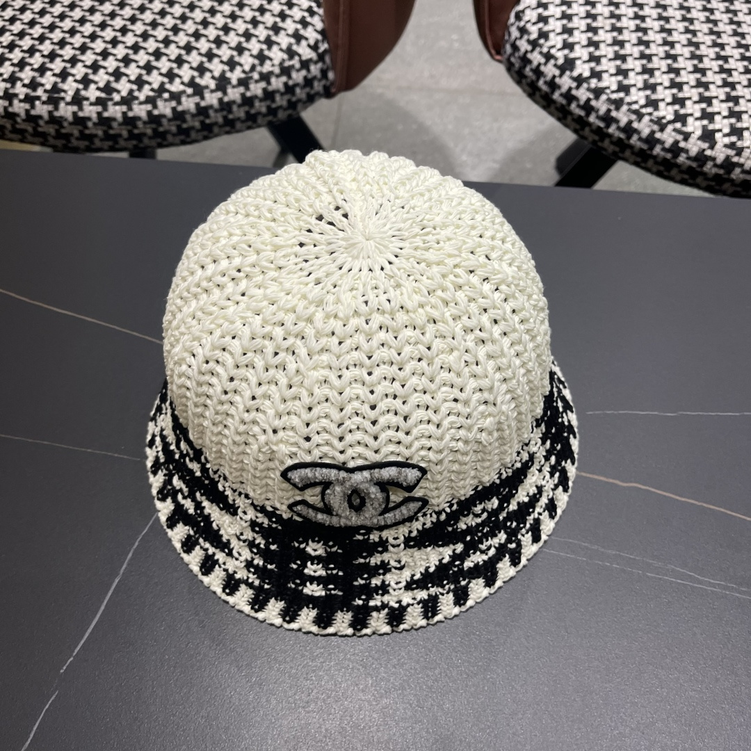  香奈儿Chanel日系拼色复古菱形格遮阳针织帽女春夏韩版百搭显
脸小素颜水桶帽潮