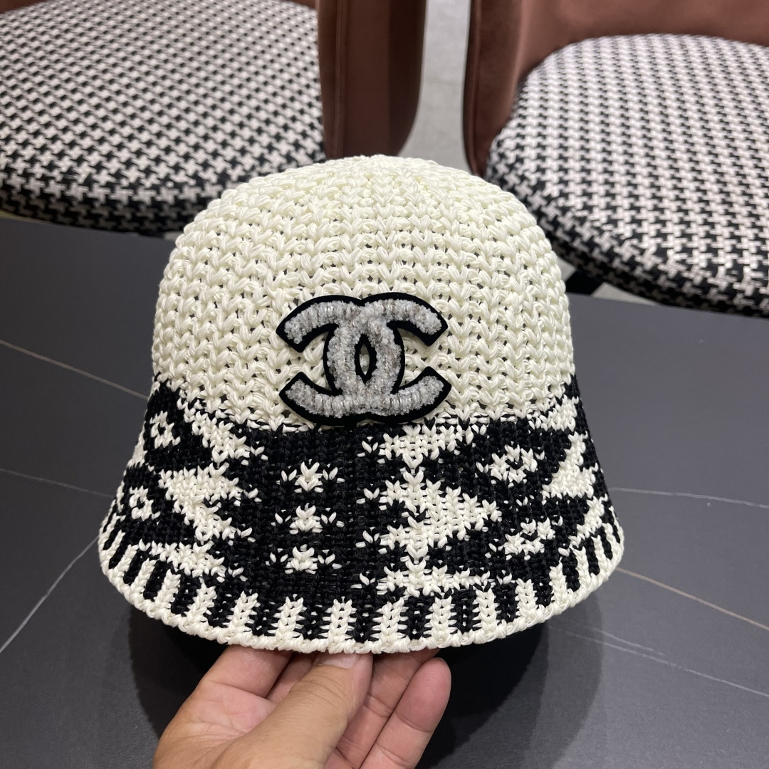  香奈儿Chanel日系拼色复古菱形格遮阳针织帽女春夏韩版百搭显
脸小素颜水桶帽潮